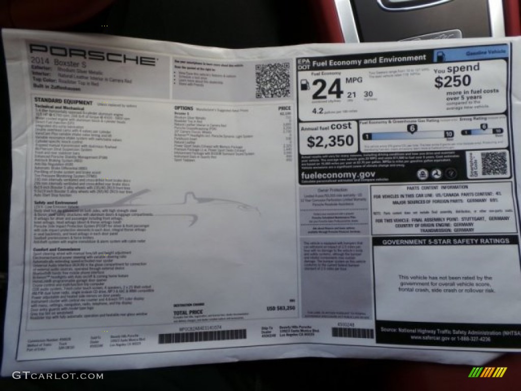 2014 Porsche Boxster S Window Sticker Photo #94278608