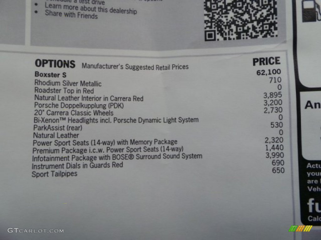 2014 Porsche Boxster S Window Sticker Photo #94278623