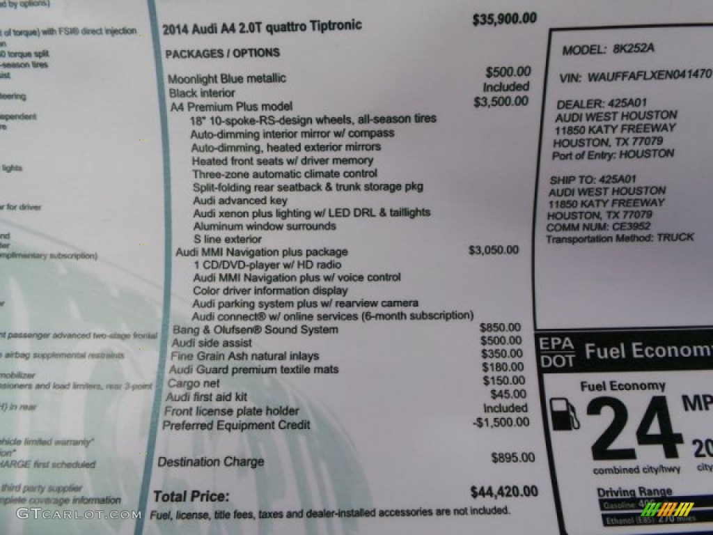 2014 Audi A4 2.0T quattro Sedan Window Sticker Photo #94280720