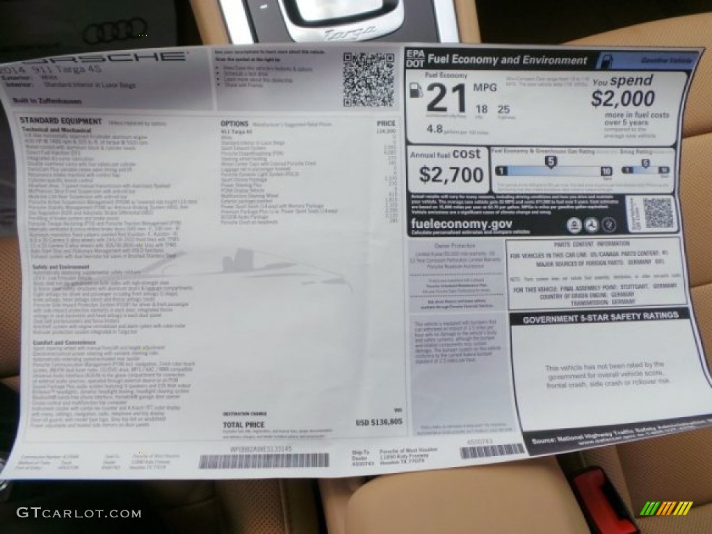 2014 Porsche 911 Targa 4S Window Sticker Photo #94362536