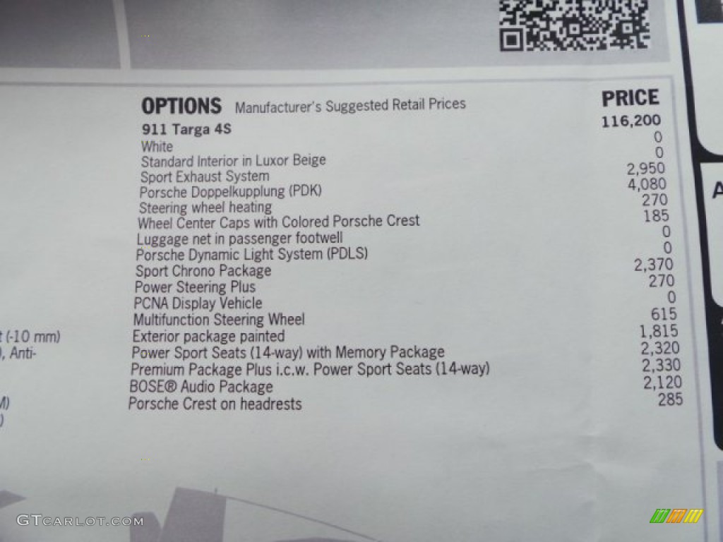 2014 Porsche 911 Targa 4S Window Sticker Photo #94362555