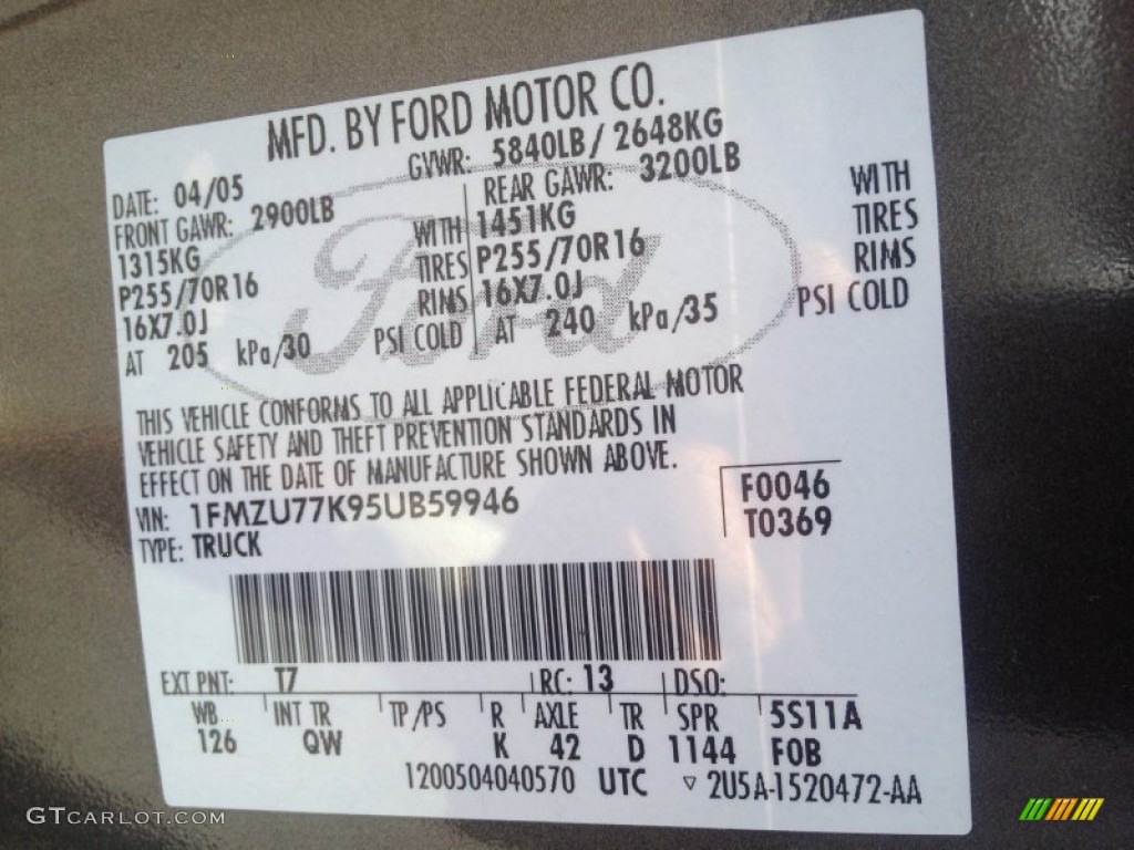 2005 Explorer Sport Trac Color Code T7 for Dark Stone Metallic Photo #94498509