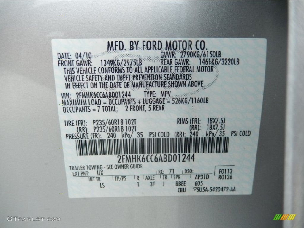 2010 Ford Flex SEL AWD Color Code Photos