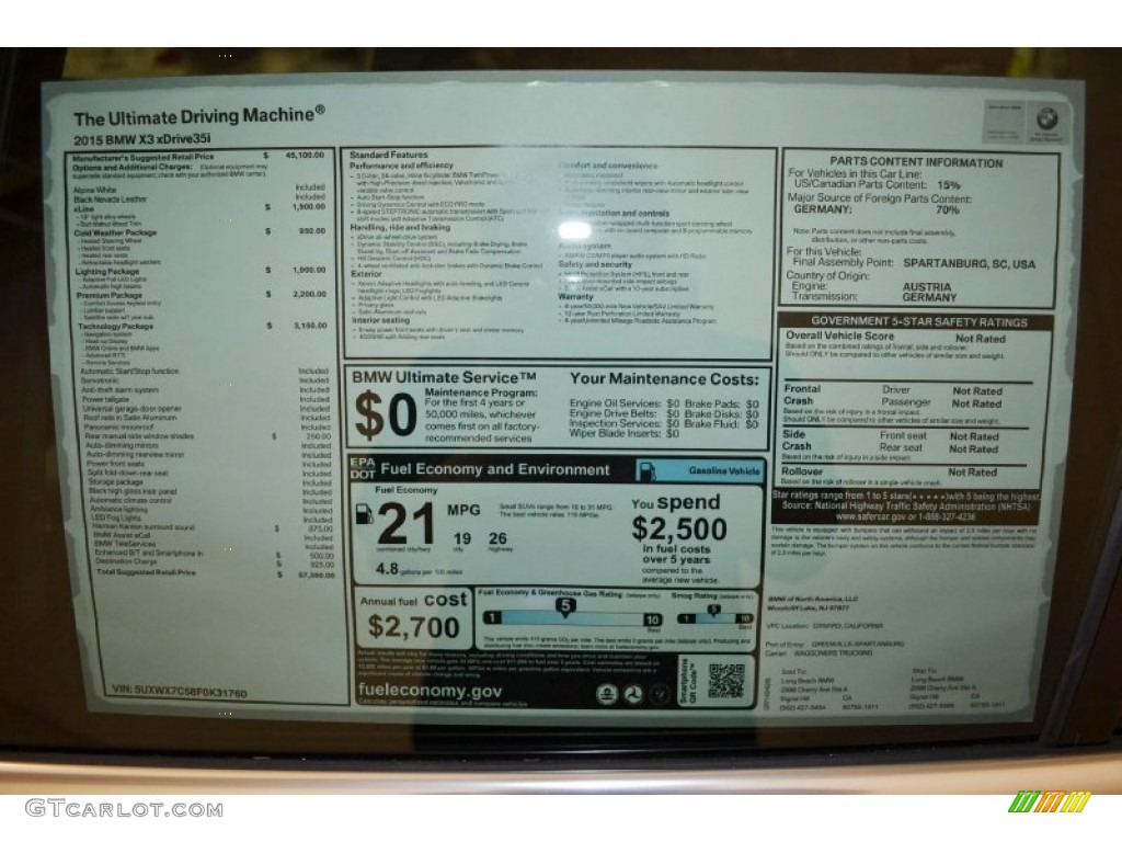 2015 BMW X3 xDrive35i Window Sticker Photo #94584457