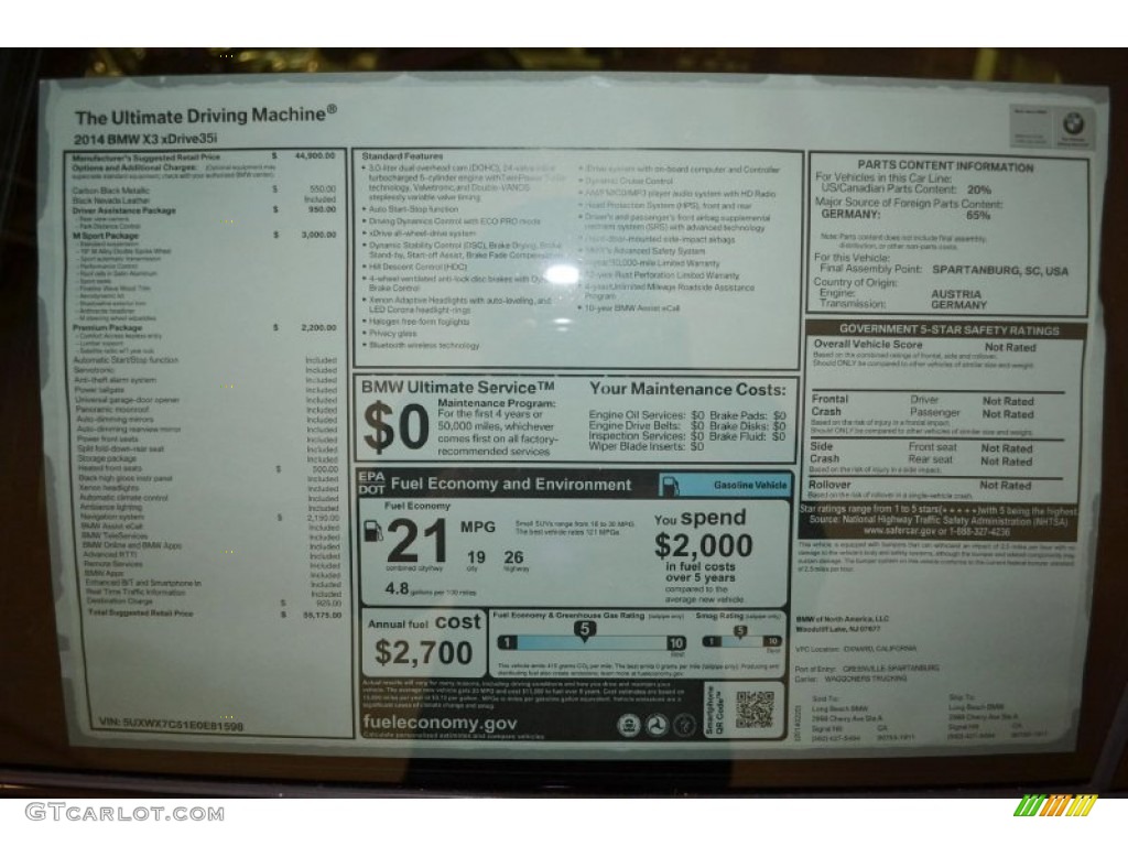 2014 BMW 5 Series 535i Sedan Window Sticker Photo #94585165