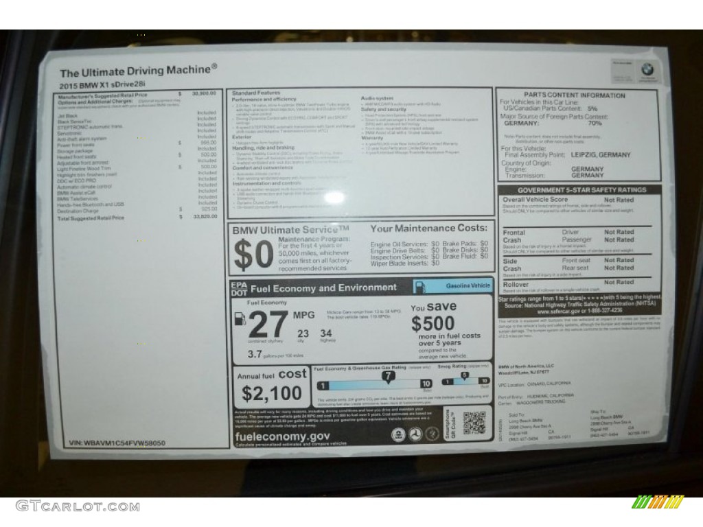 2015 BMW X1 sDrive28i Window Sticker Photo #94595518