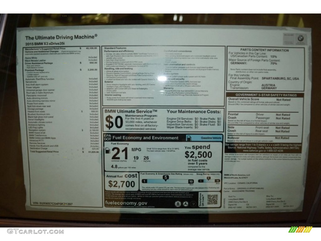2015 BMW X3 xDrive35i Window Sticker Photos
