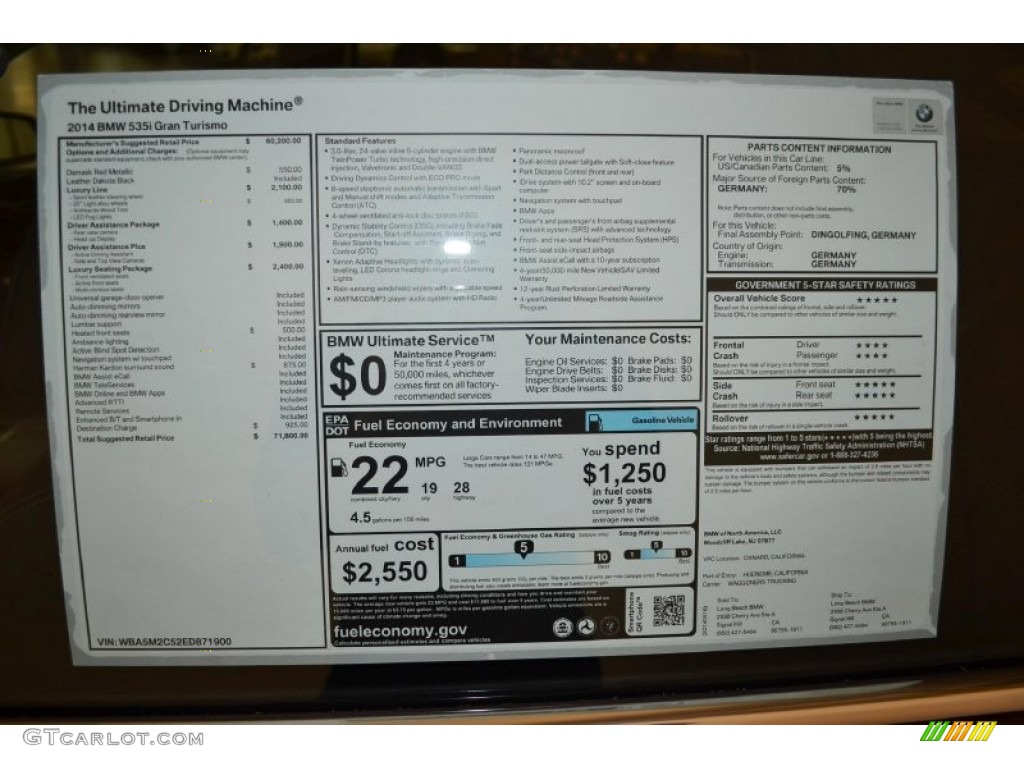 2014 BMW 5 Series 535i Gran Turismo Window Sticker Photo #94597564