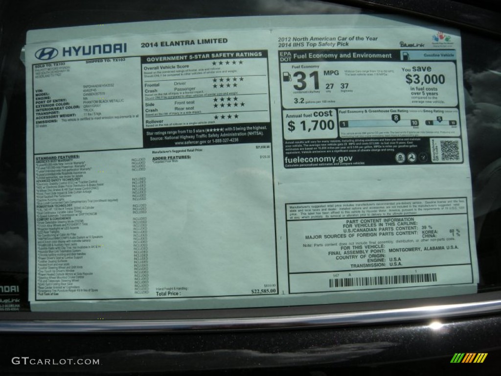 2014 Elantra Limited Sedan - Black / Gray photo #34