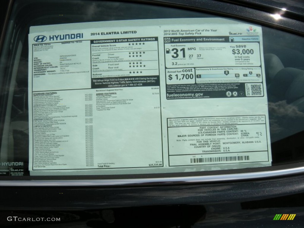 2014 Elantra Limited Sedan - Black / Gray photo #37