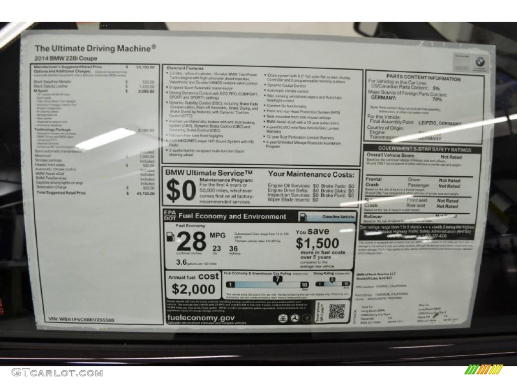 2014 BMW 2 Series 228i Coupe Window Sticker Photo #94660727