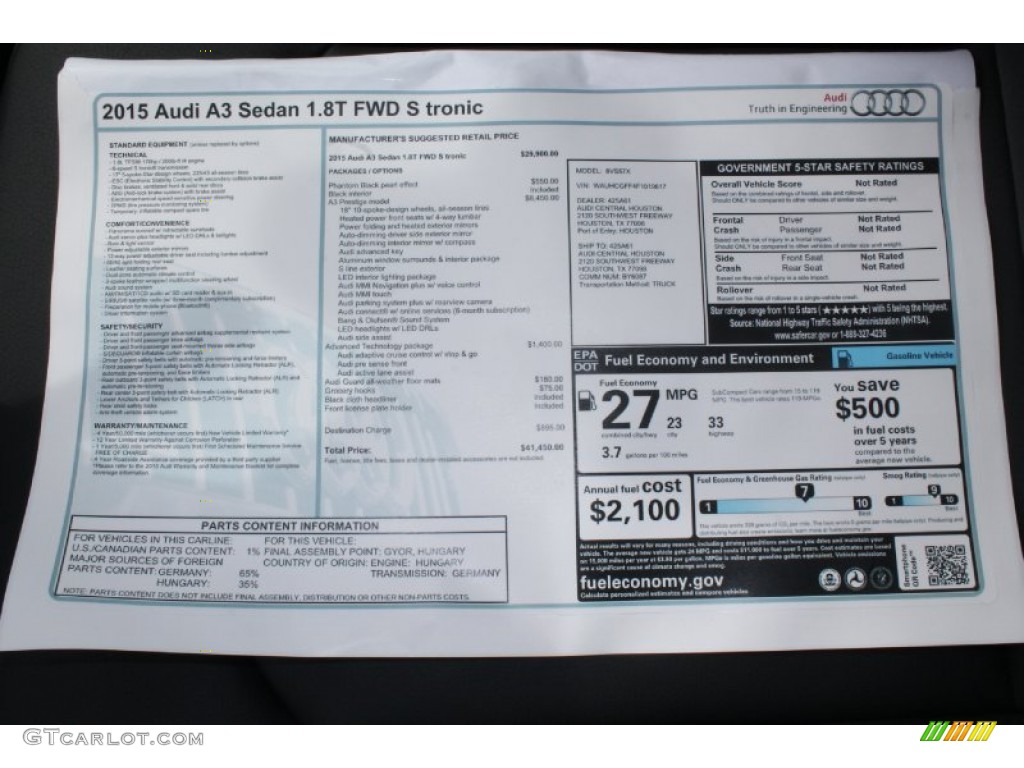 2015 Audi A3 1.8 Prestige Window Sticker Photo #94670414