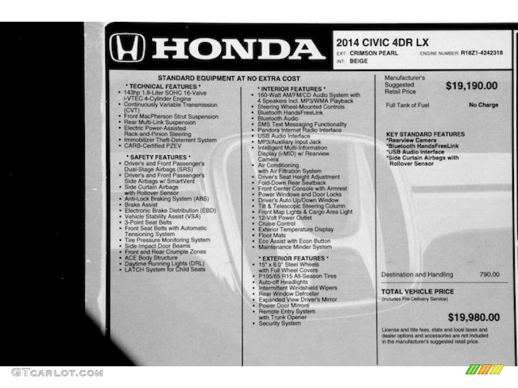 2014 Civic LX Sedan - Crimson Pearl / Beige photo #18