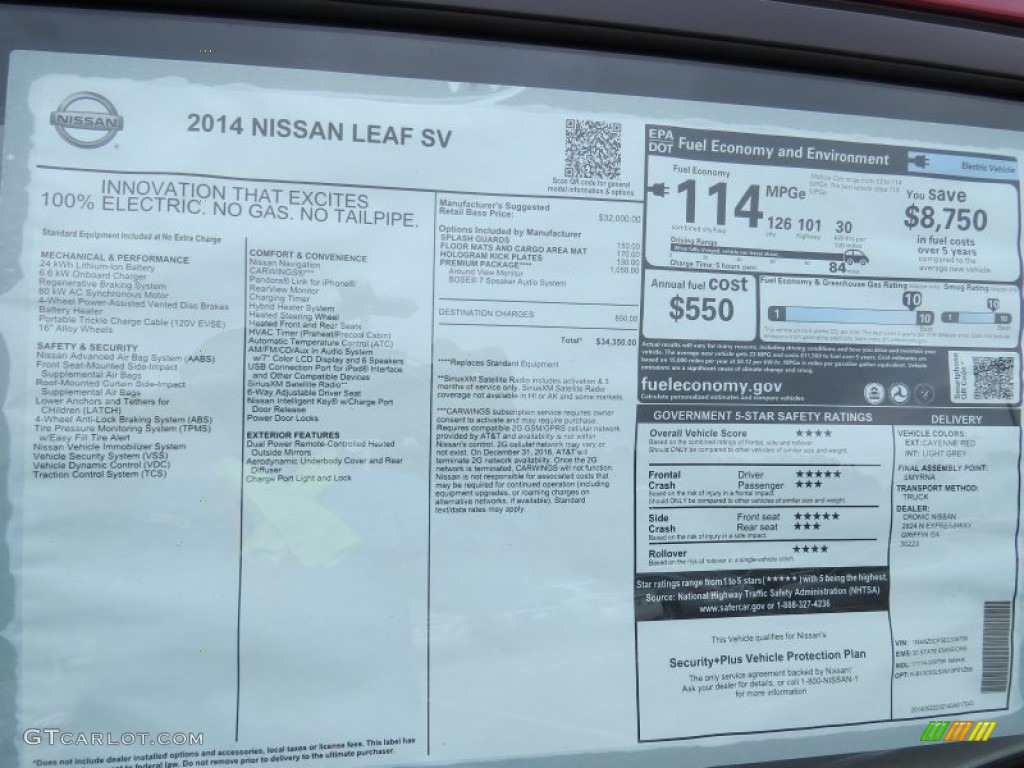 2014 Nissan LEAF SV Window Sticker Photo #94751849