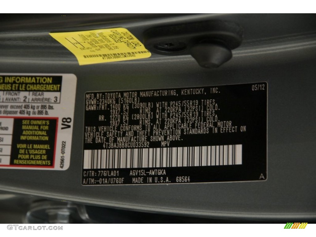 2012 Toyota Venza XLE AWD Color Code Photos