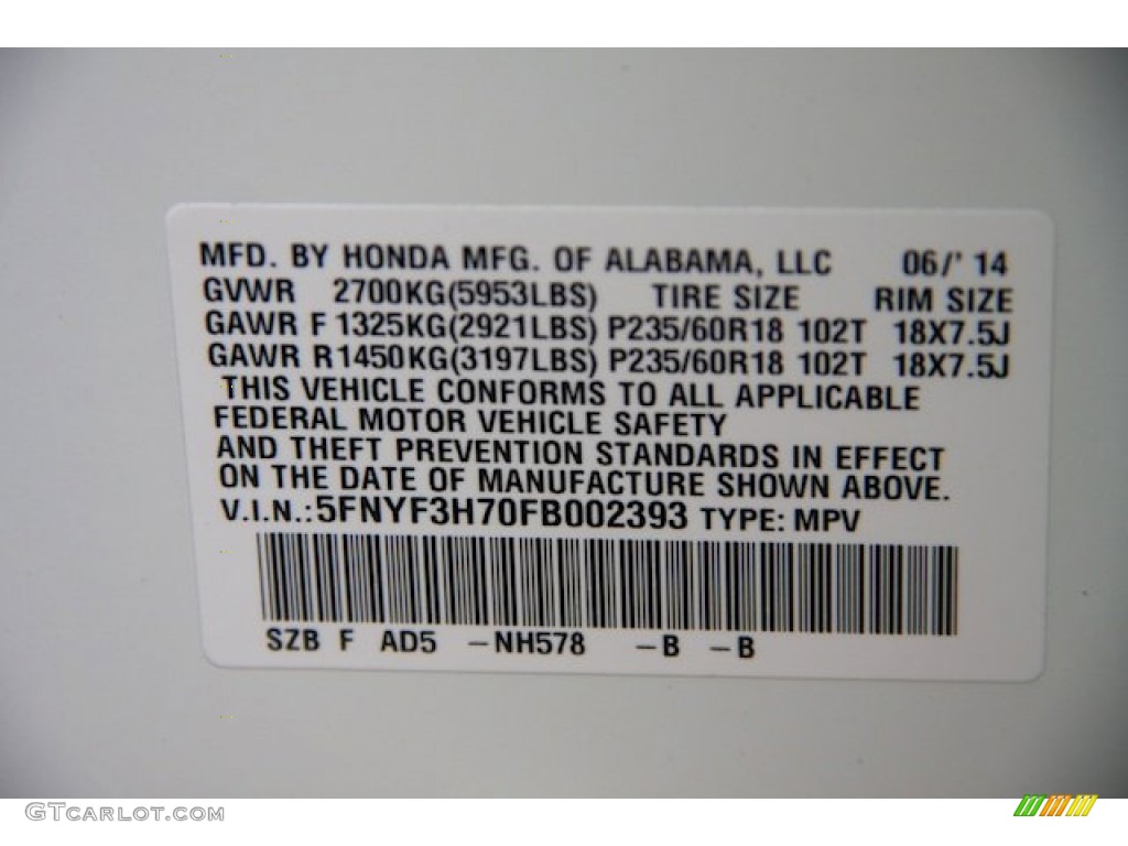 2015 Pilot EX-L - Taffeta White / Gray photo #23