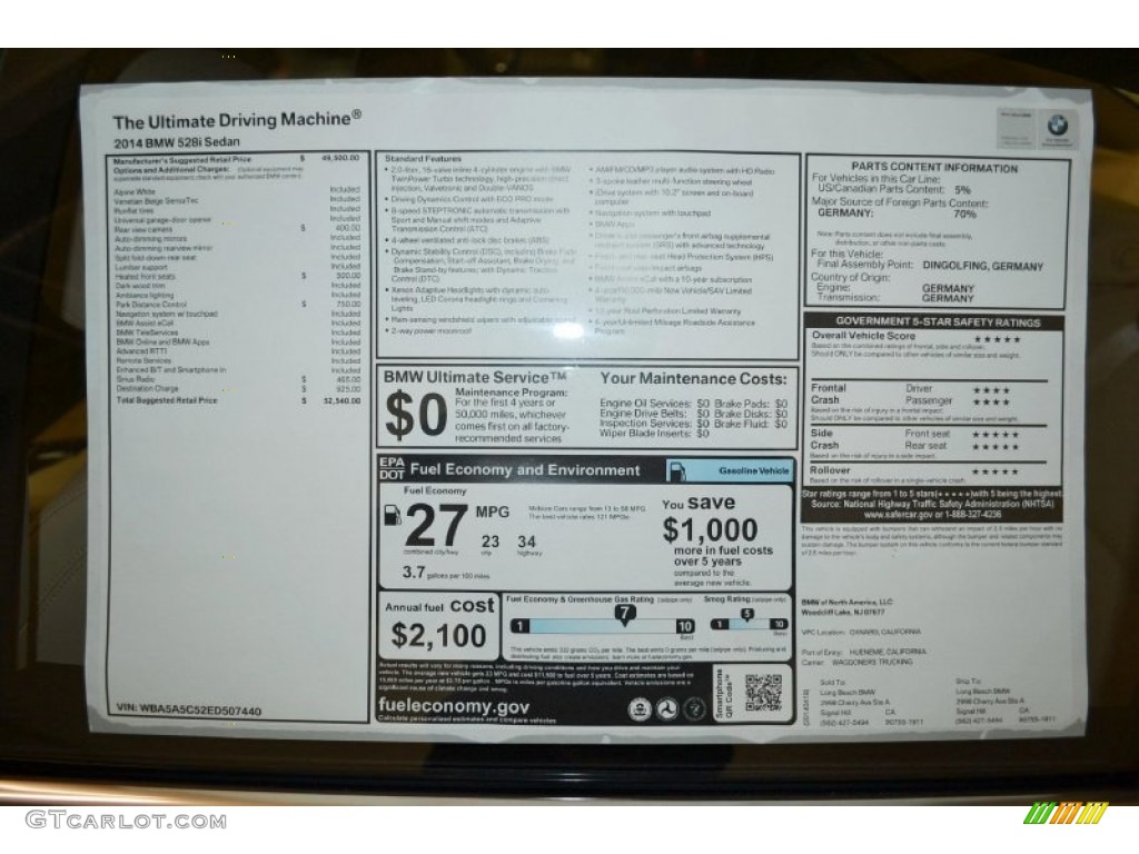 2014 BMW 5 Series 528i Sedan Window Sticker Photo #94899530