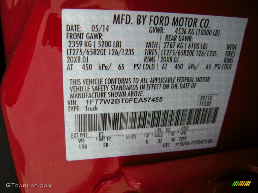 2015 F250 Super Duty Color Code F1 for Vermillion Red Photo #94953560