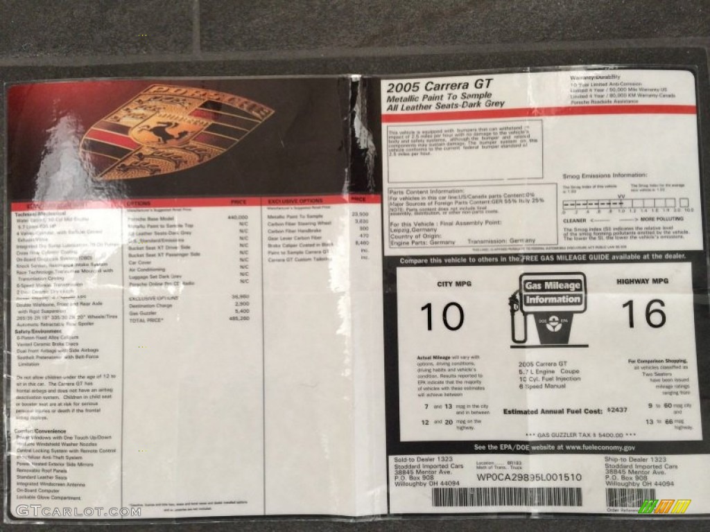 2005 Porsche Carrera GT Standard Carrera GT Model Window Sticker Photo #94998976