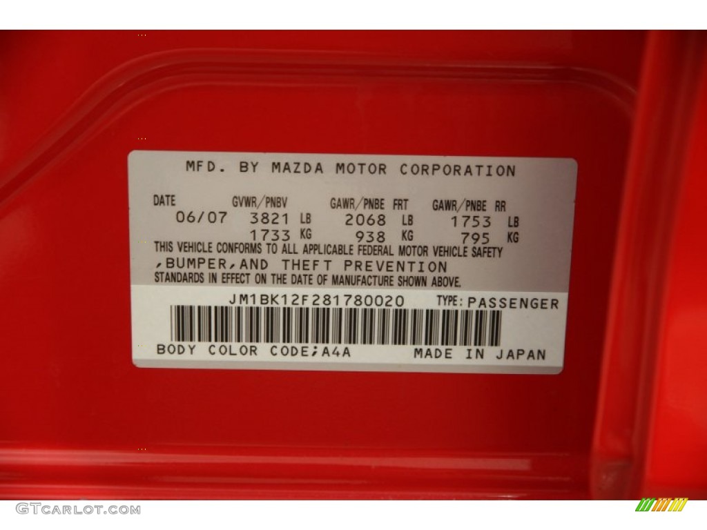 2008 MAZDA3 Color Code A4A for True Red Photo #95009878