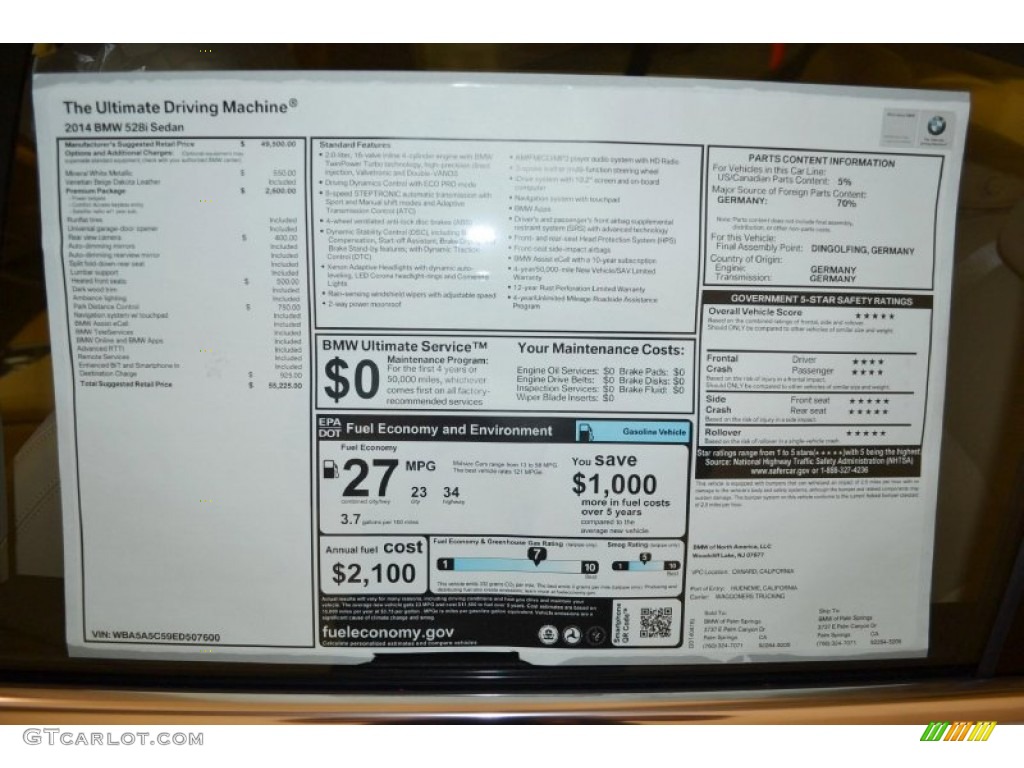 2014 BMW 5 Series 528i Sedan Window Sticker Photo #95026123