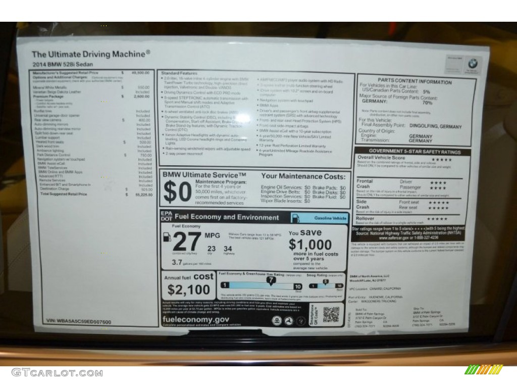 2014 BMW 5 Series 528i Sedan Window Sticker Photos