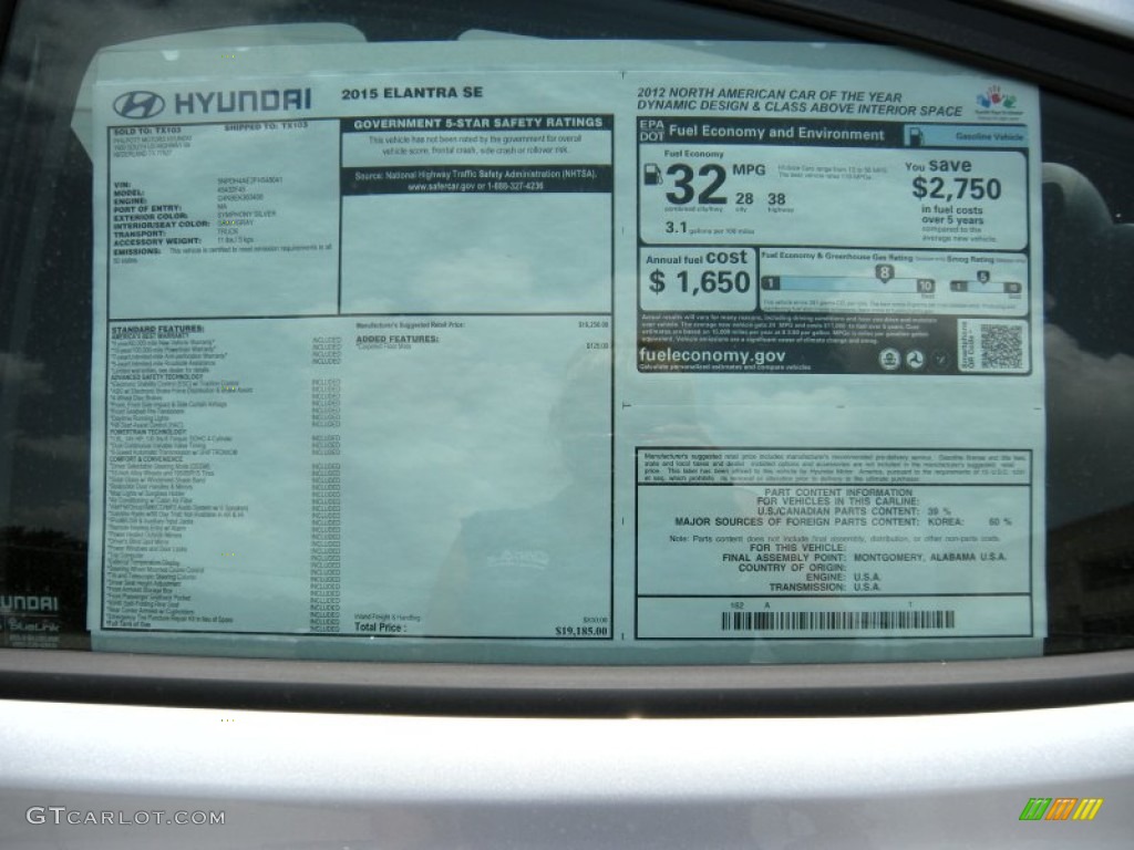 2015 Elantra SE Sedan - Symphony Silver / Gray photo #33