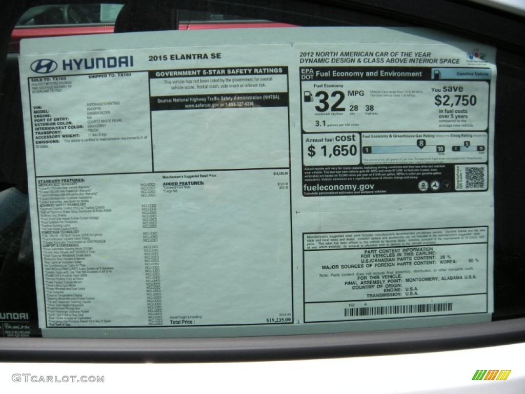 2015 Elantra SE Sedan - Quartz White Pearl / Gray photo #33