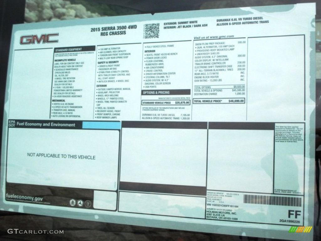 2015 GMC Sierra 3500HD Work Truck Regular Cab 4x4 Dual Rear Wheel Chassis Window Sticker Photo #95077617