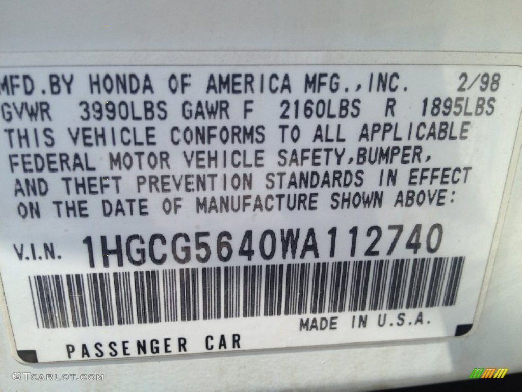 1998 Accord LX Sedan - Taffeta White / Ivory photo #17