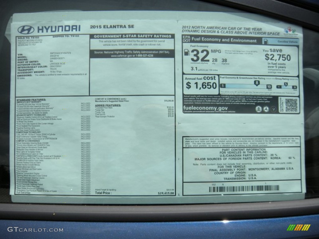 2015 Hyundai Elantra SE Sedan Window Sticker Photo #95118599