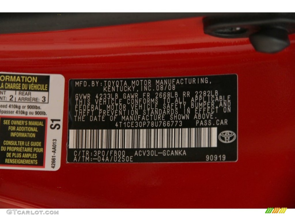 2008 Toyota Solara SE Coupe Color Code Photos