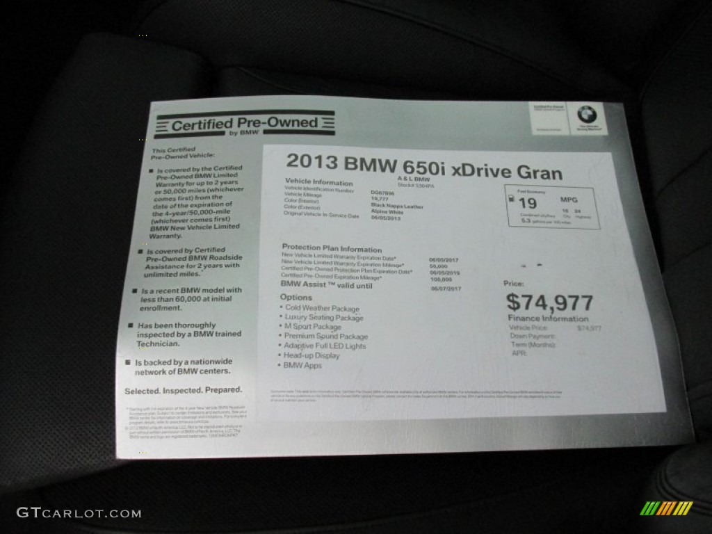 2013 BMW 6 Series 650i xDrive Gran Coupe Window Sticker Photo #95142602