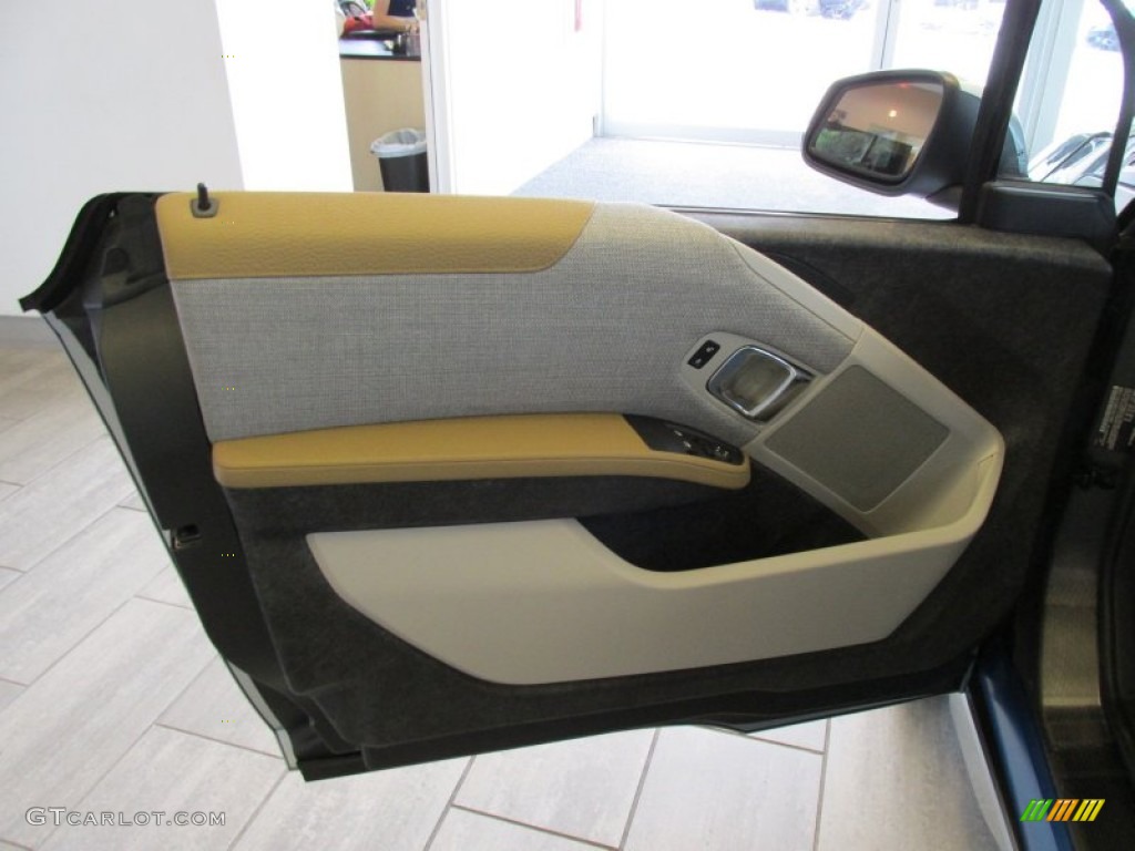 2014 BMW i3 Standard i3 Model Giga Cassia Natural Leather/Carum Spice Grey Wool Cloth Door Panel Photo #95146478