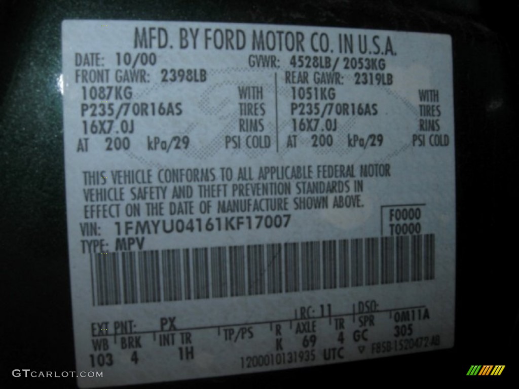 2001 Escape Color Code PX for Dark Highland Green Metallic Photo #95187587