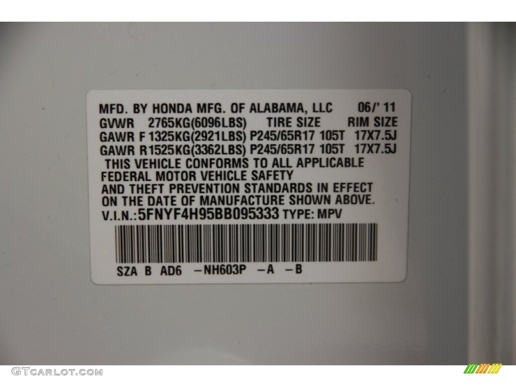 2011 Pilot Touring 4WD - White Diamond Pearl / Black photo #36