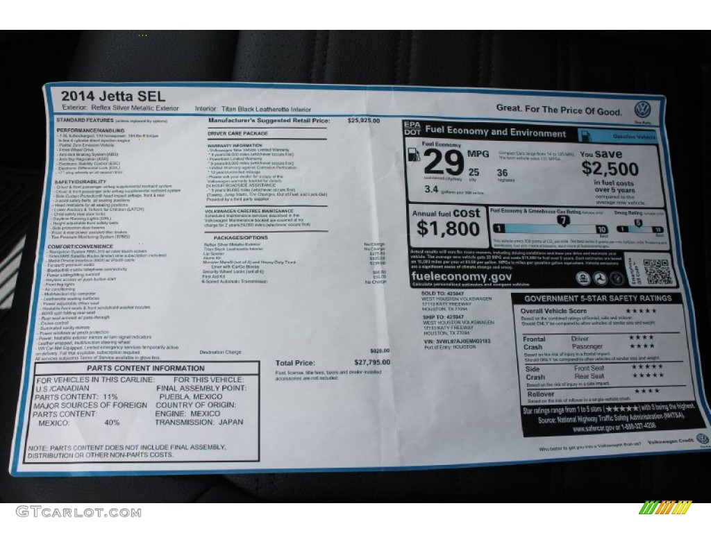 2014 Volkswagen Jetta SEL Sedan Window Sticker Photo #95258430