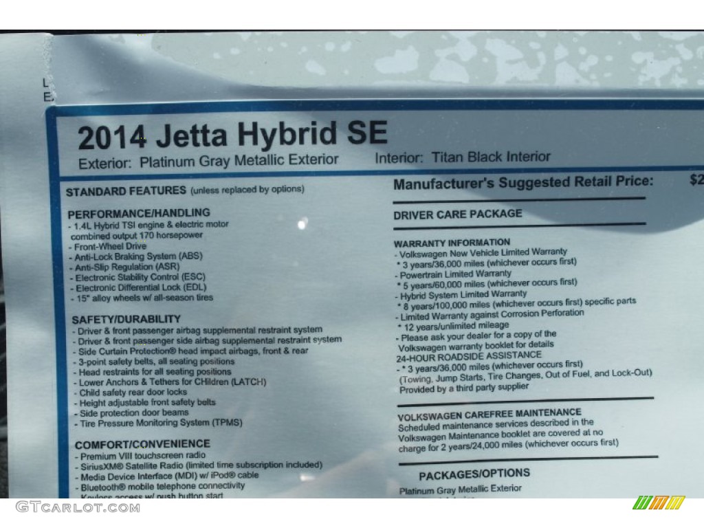 2014 Jetta Hybrid SE - Platinum Gray Metallic / Titan Black photo #31