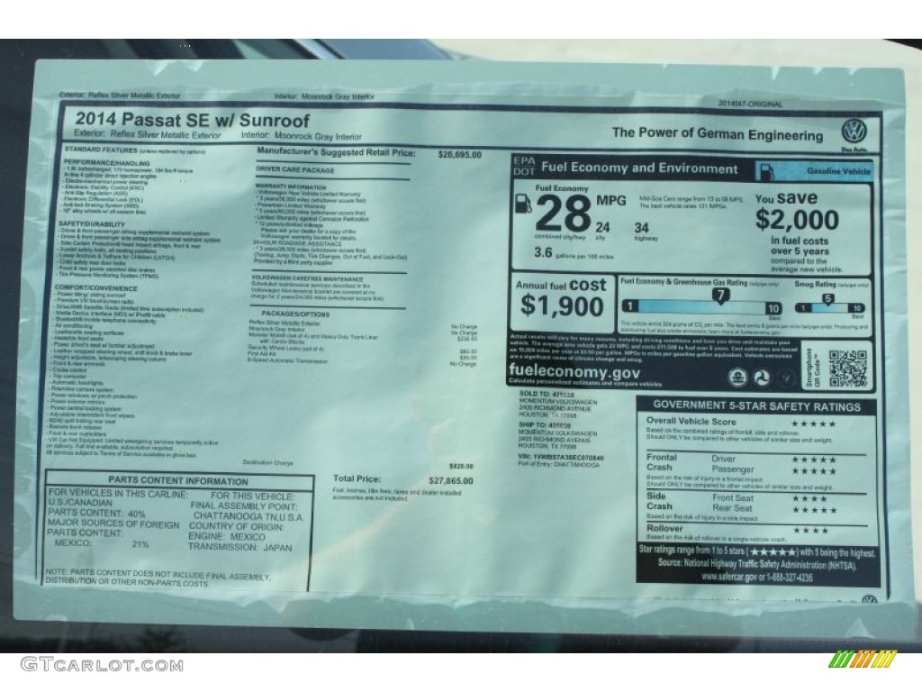 2014 Passat 1.8T SE - Reflex Silver Metallic / Moonrock photo #5