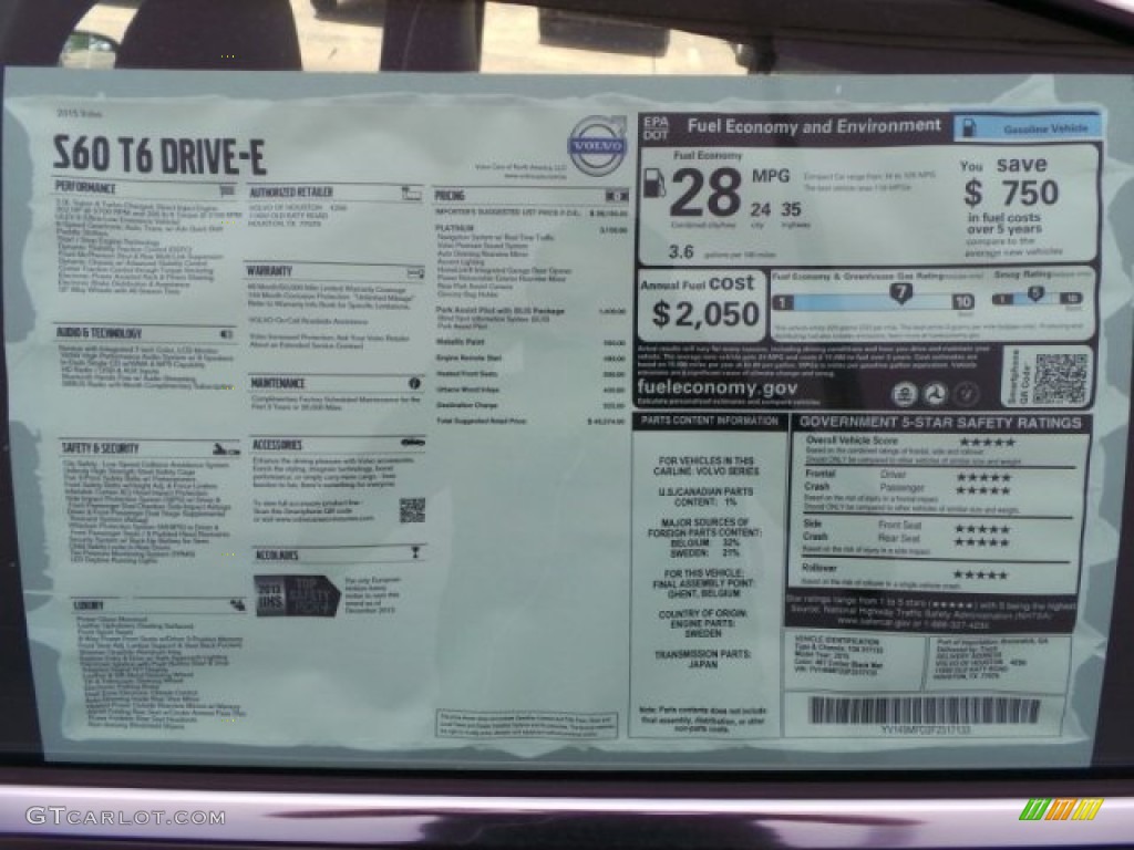 2015 Volvo S60 T6 Drive-E Window Sticker Photo #95282361