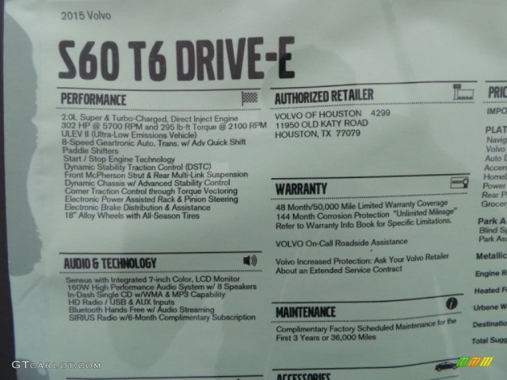 2015 Volvo S60 T6 Drive-E Window Sticker Photo #95282391