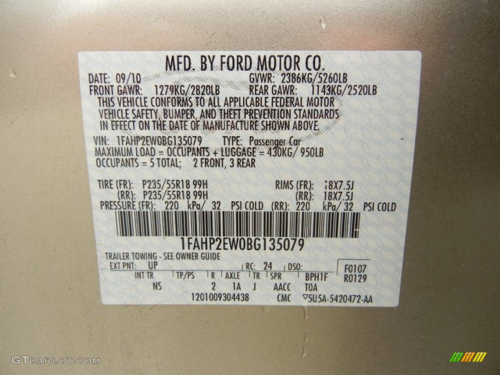 2011 Ford Taurus SEL Color Code Photos