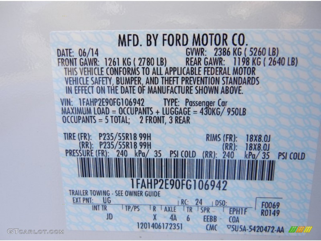 2015 Taurus Color Code UG for White Platinum Metallic Photo #95318044