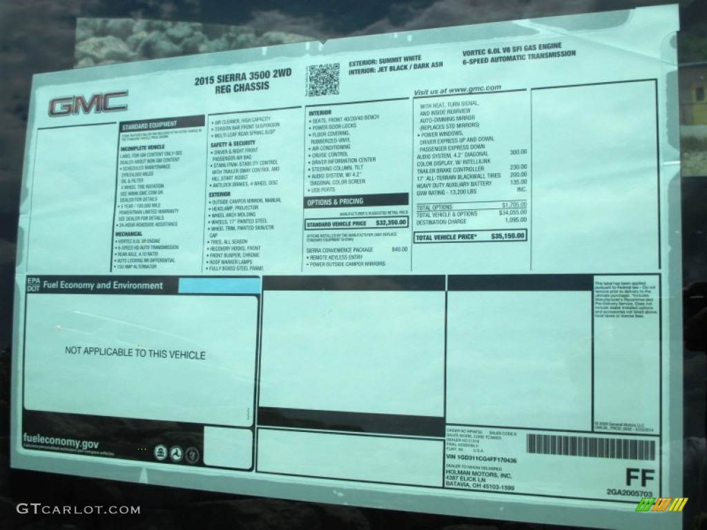 2015 GMC Sierra 3500HD Work Truck Regular Cab Chassis Window Sticker Photo #95327886