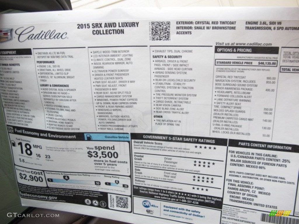 2015 Cadillac SRX Luxury AWD Window Sticker Photo #95346715