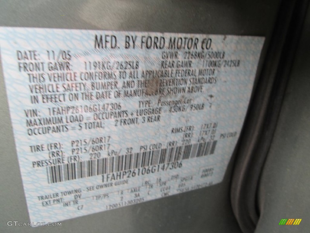 2006 Ford Five Hundred SE AWD Color Code Photos