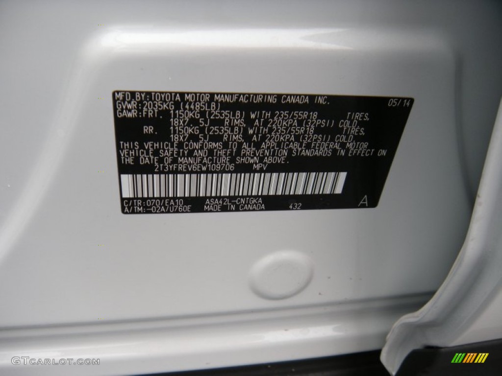 2014 RAV4 Color Code 070 for Blizzard White Pearl Photo #95422294