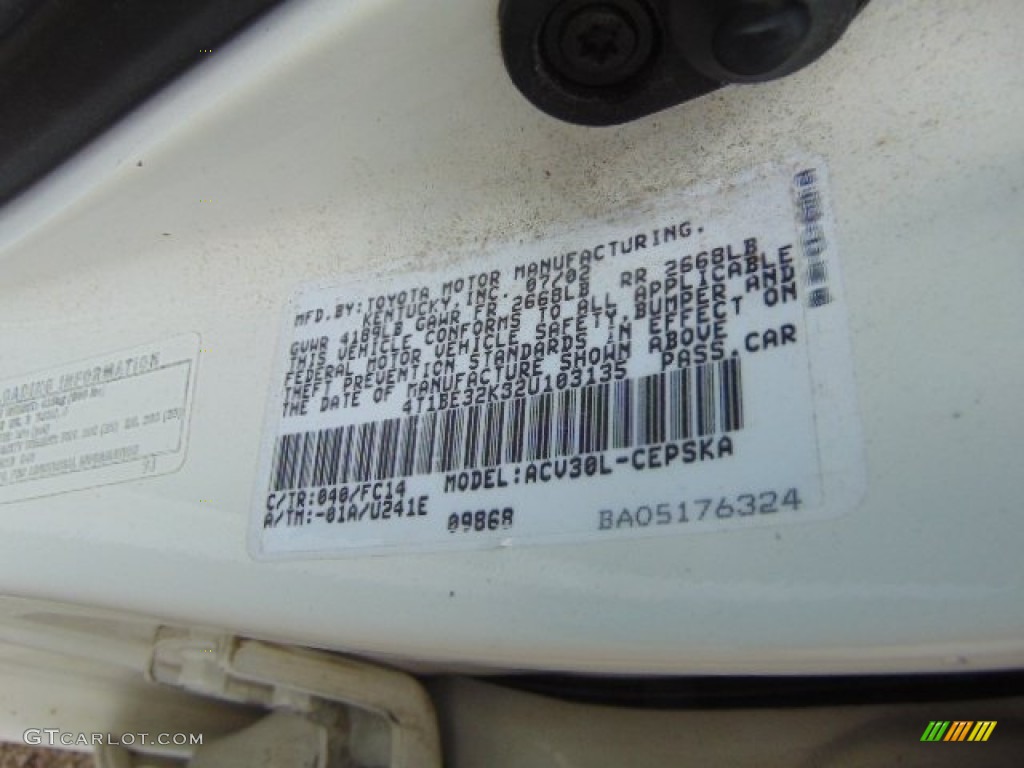 2002 Toyota Camry SE Color Code Photos