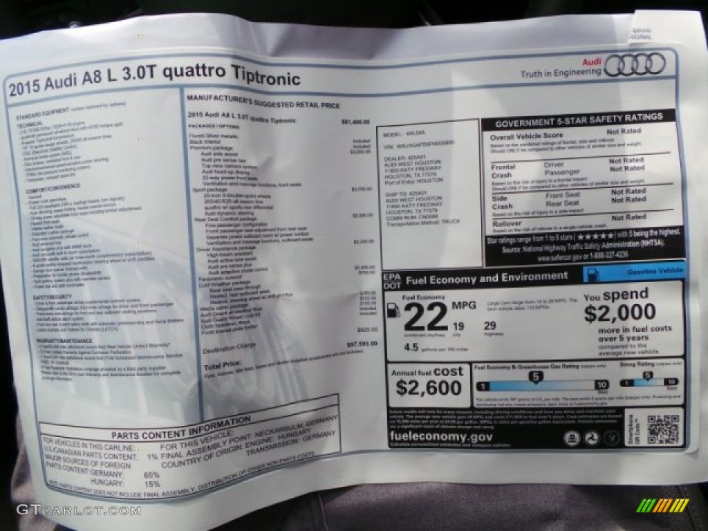 2015 Audi A8 L 3.0T quattro Window Sticker Photo #95464820