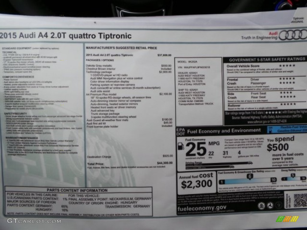 2015 Audi A4 2.0T Premium Plus quattro Window Sticker Photo #95465717